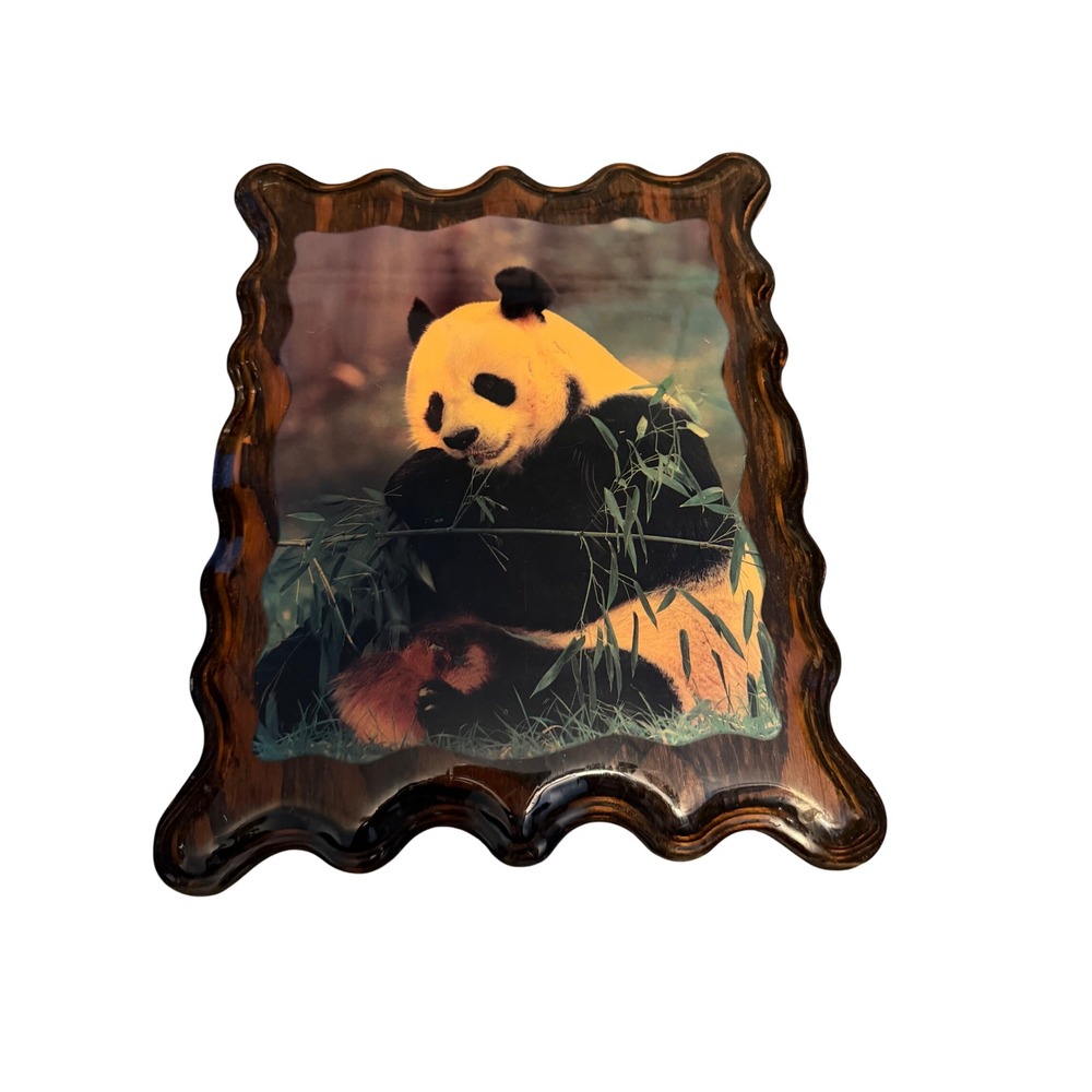 Vintage Giant Panda Bamboo Wood Plaque Scalloped Edge Glossy Wall Art Decoupage